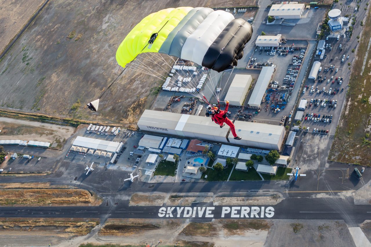 skydiver flying over Skydive Perris in California near San Diego coming in to land