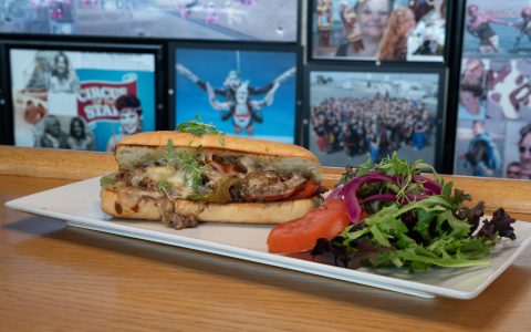 Philly cheesesteak at Bomb Shelter Skydive Perris cafe